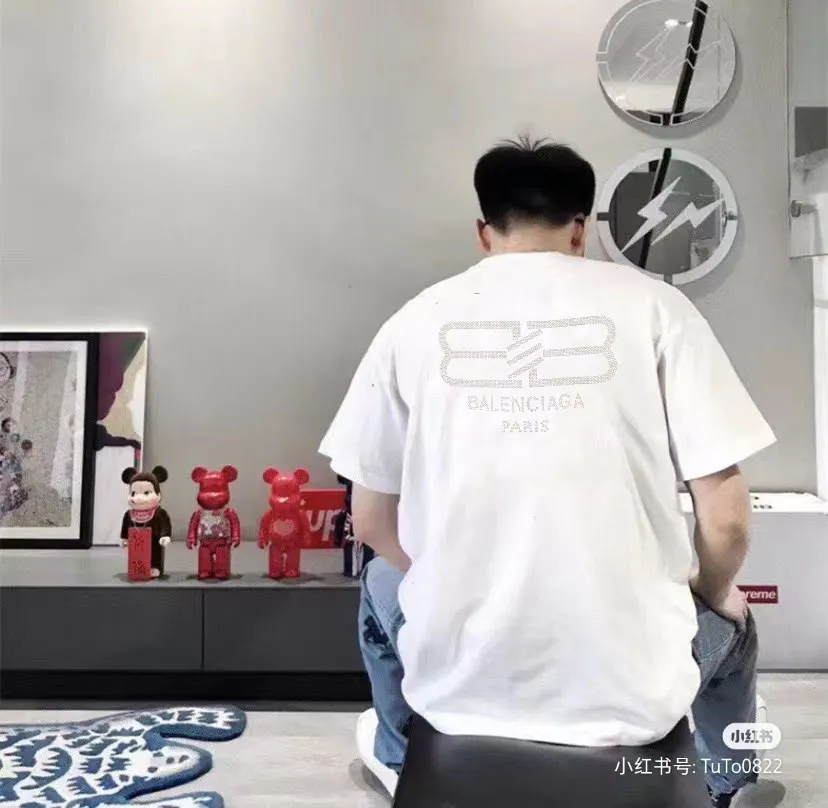 BALENCIAGA BB letter printed short-sleeved T-shirt, custom-woven and dyed 280g combed cotton fabric, zero color difference in threads, perfect details, different from the current version on the market, welcome to compare, Same Style for men and women, must-sell in the picture above Color: White Black Size: 1 2 3 4